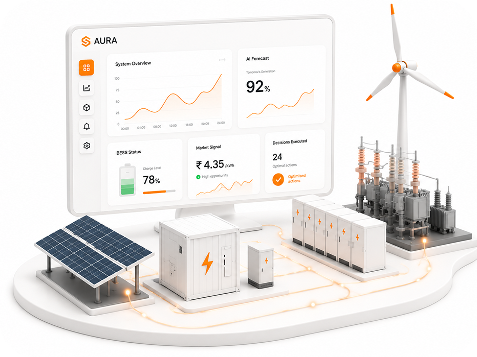 AURA — decision intelligence platform with solar, BESS, wind, and market optimization dashboard