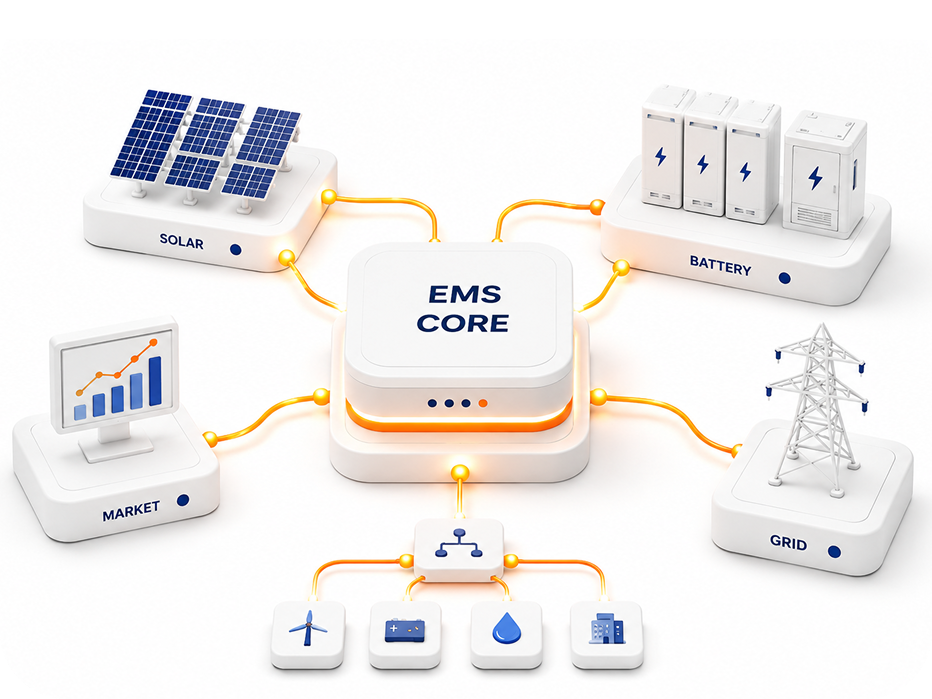 EMS Core — centralized control intelligence connected to solar, battery, grid, market, and hybrid assets